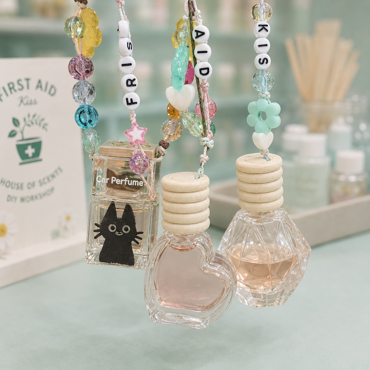 DIY Car Perfume Workshop at First Aid Kiss Bangkok, custom scented car perfume hanging bottles